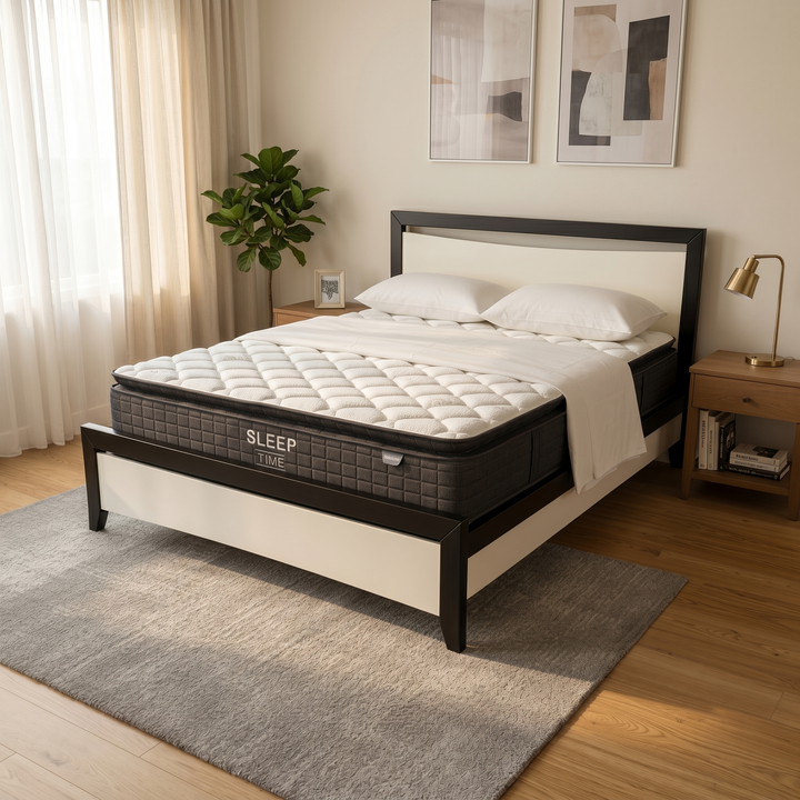 Maverick Bed Frame (Black/White) + SleepTime Medium Mattress Queen - lifestyle