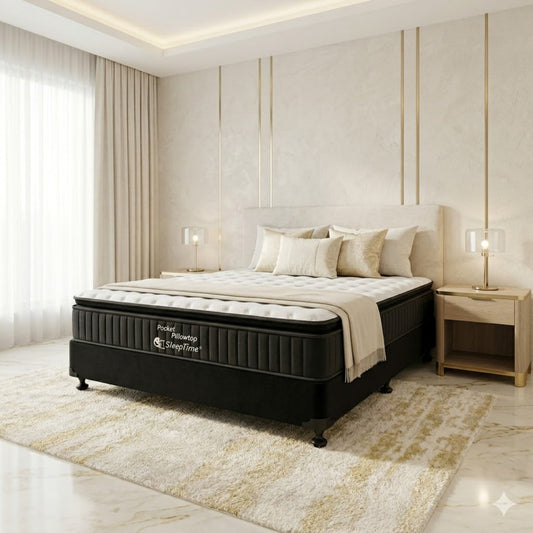 Flexi Bed Base in a Box-Black Velvet+ SleepTime Pocket Pillowtop Mattress | Furniture World NZ