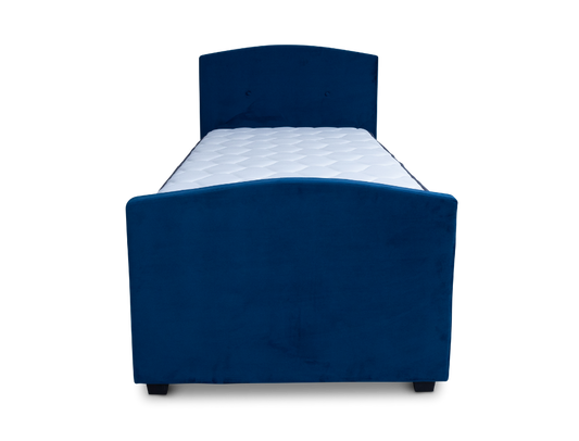 DriftEase Single Trundler Bed Frame Velvet Blue + SleepLite Single Pocket Spring Mattress +Sleeko Single Bonnel Spring Mattress