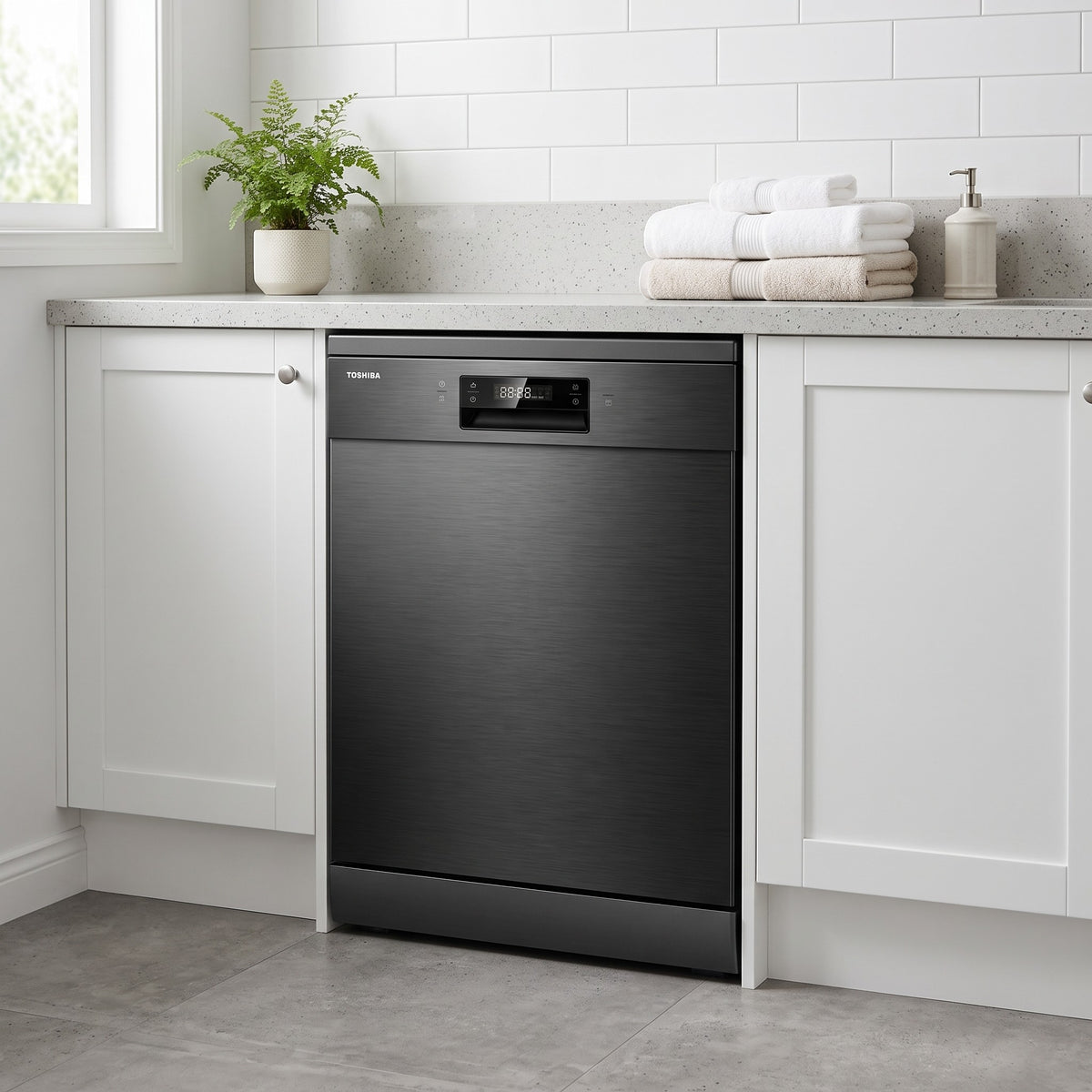 Toshiba DW-15F3(BS)-NZ dishwasher Black With Auto Open & UV light lifestyle