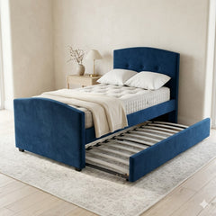 DriftEase Single Trundler Bed Frame Velvet Blue - Floor Model