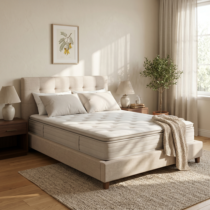 NZ Made Aura Bed Frame + SleepTime Pocket Pillowtop Mattress - lifestyle