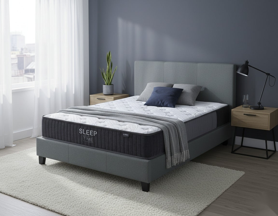 Sleeptime Bed Frame Linen Grey +  SleepTime X-Firm Mattress Queen - Detail View | Furniture World NZ