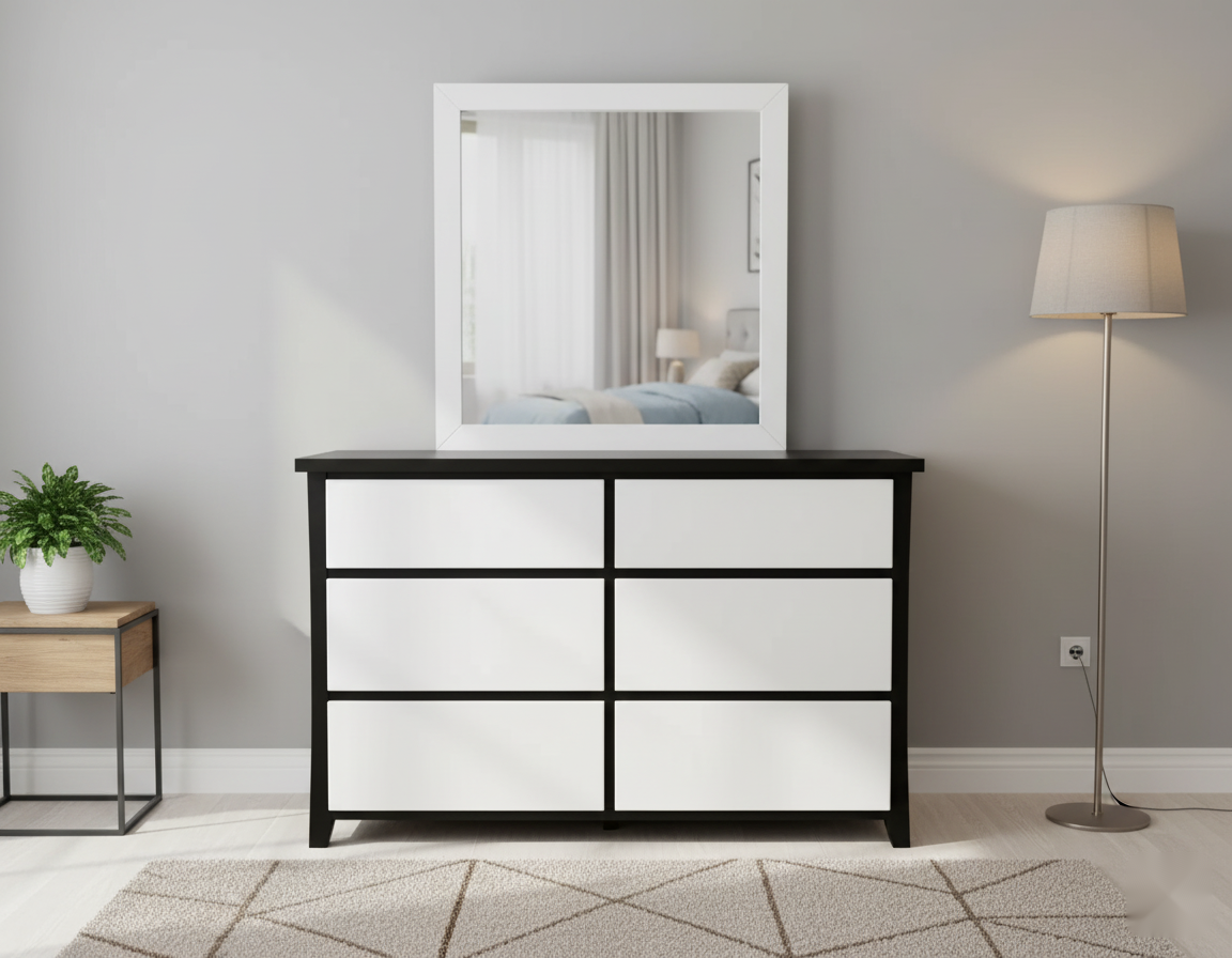 Maverick 6 Drw Dresser / Mirror (Black/White) | Furniture World Auckland