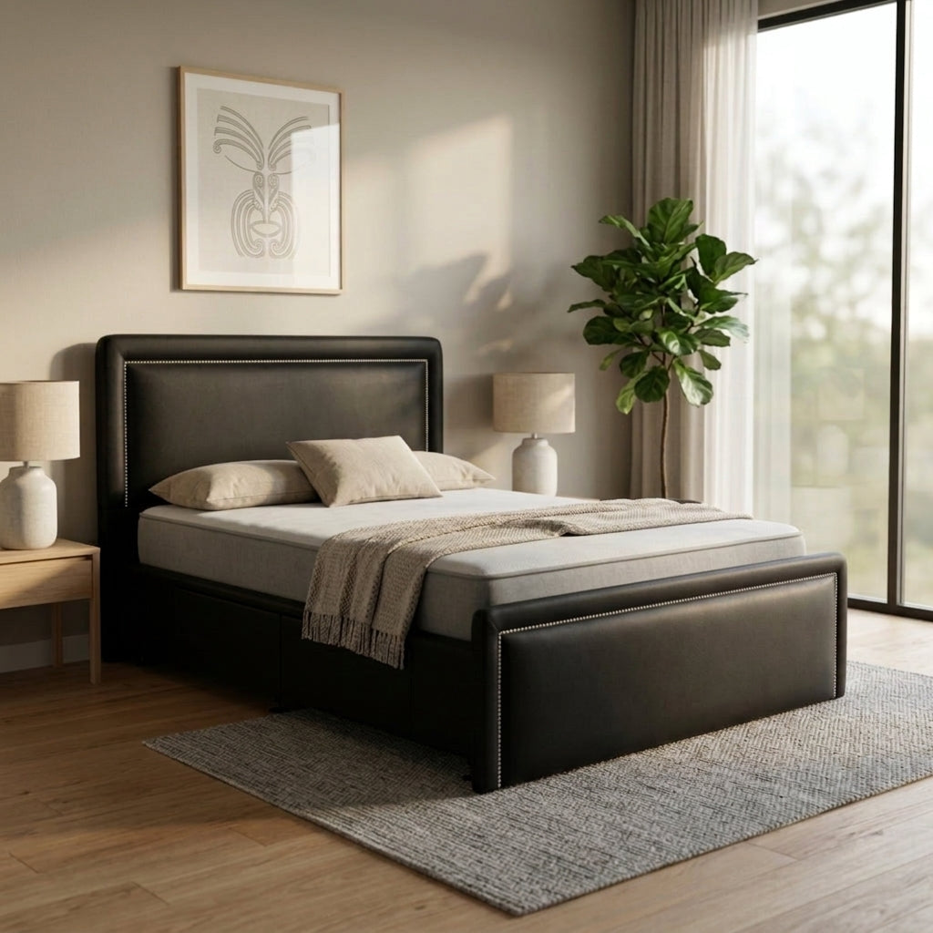 NZ Made Imperial Bed Frame With Drawers + Venus Medium Mattress — Bed Bundle in room setting