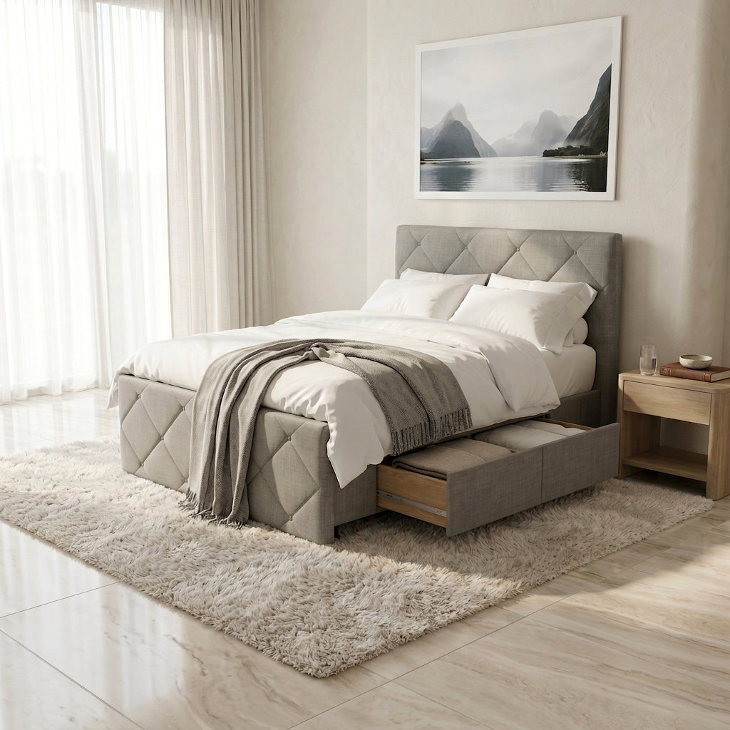 NZ Made Crystal Bed Frame With Drawers + Venus Medium Mattress — Bed Bundle | Furniture World NZ