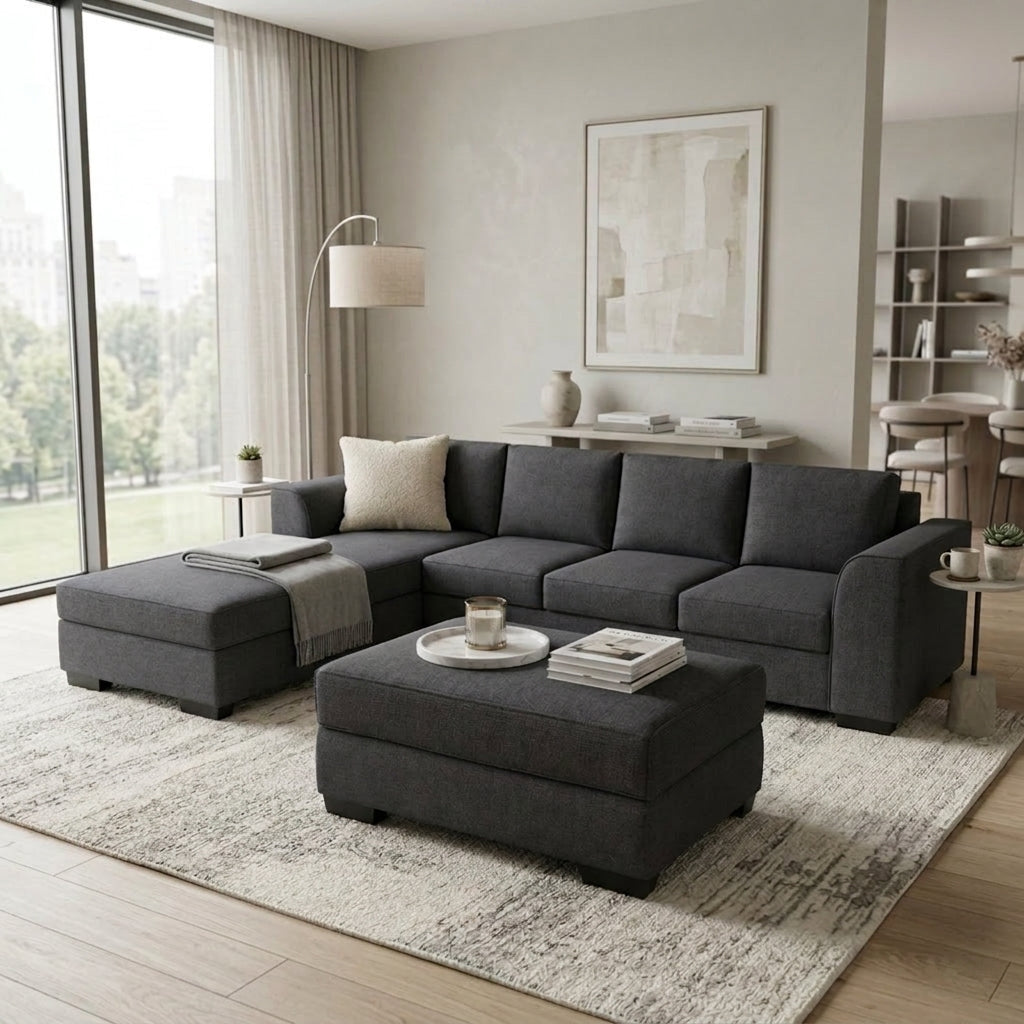 NZ Made Harbor 4 Seater with Chaise Corner Sofa-Ramsey Biscuit - Image 4 | Furniture World NZ