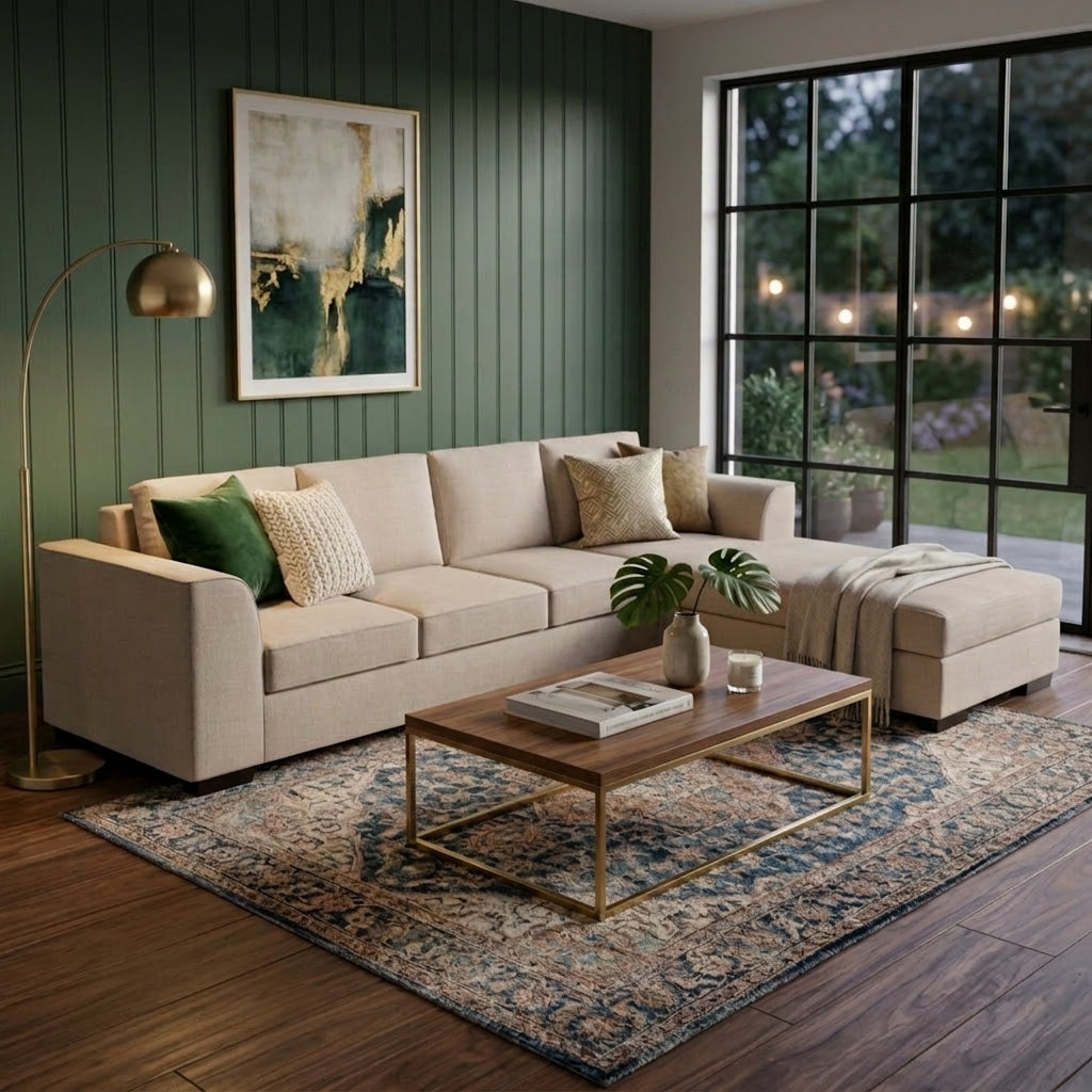 NZ Made Harbor 4 Seater with Chaise Corner Sofa-Ramsey Biscuit | Furniture World NZ