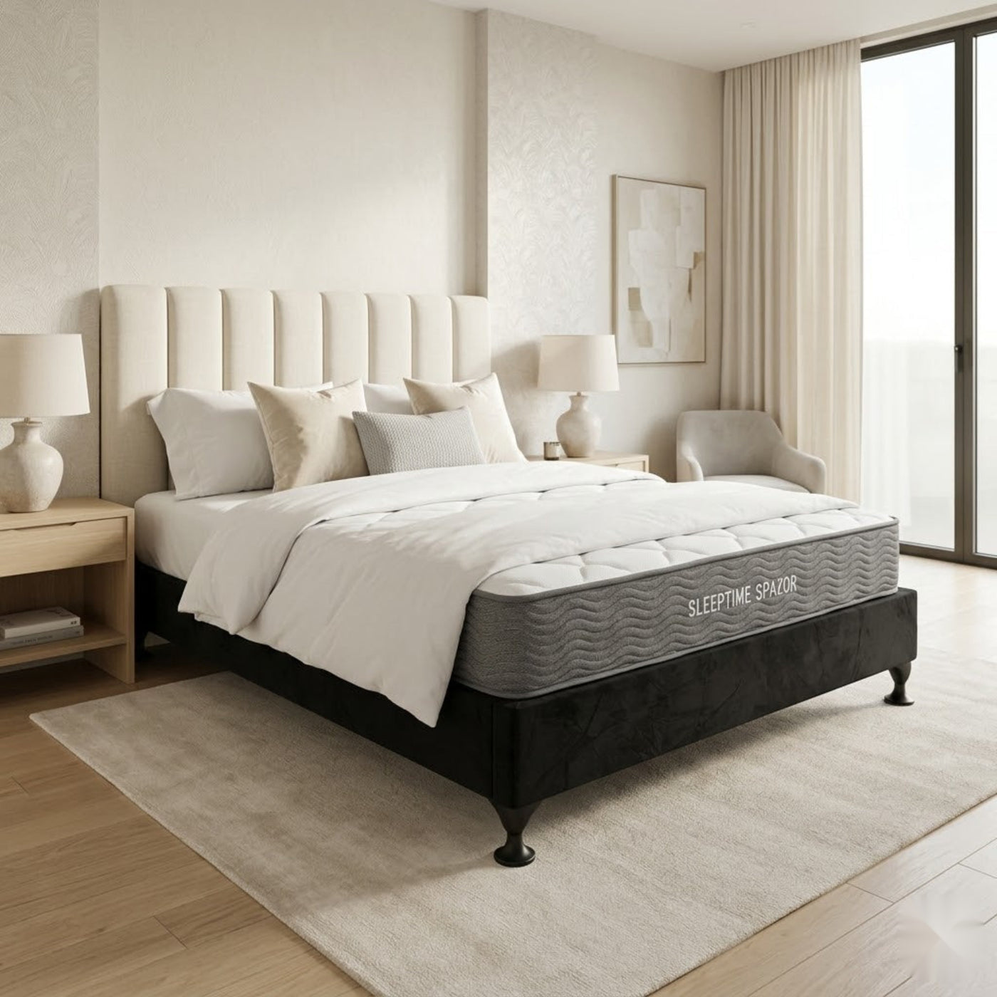 Flexi Bed Base in a Box-Black Velvet + Sleeptime Spazor Pocket Spring Mattress | Furniture World NZ
