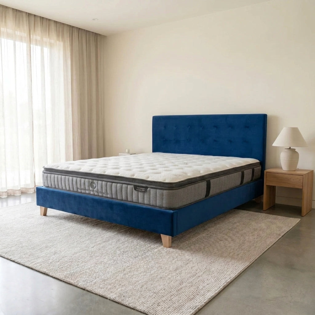 Prestige Bed Frame Velvet Navy Blue + Sleepmax Pocket Pillow Top Mattress | Furniture World NZ