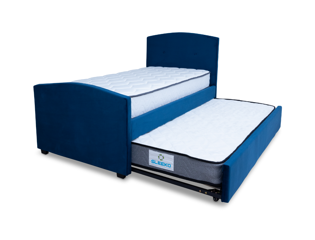 DriftEase Single Trundler Bed Frame Velvet Blue + SleepLite Single Pocket Spring Mattress +Sleeko Single Bonnel Spring Mattress