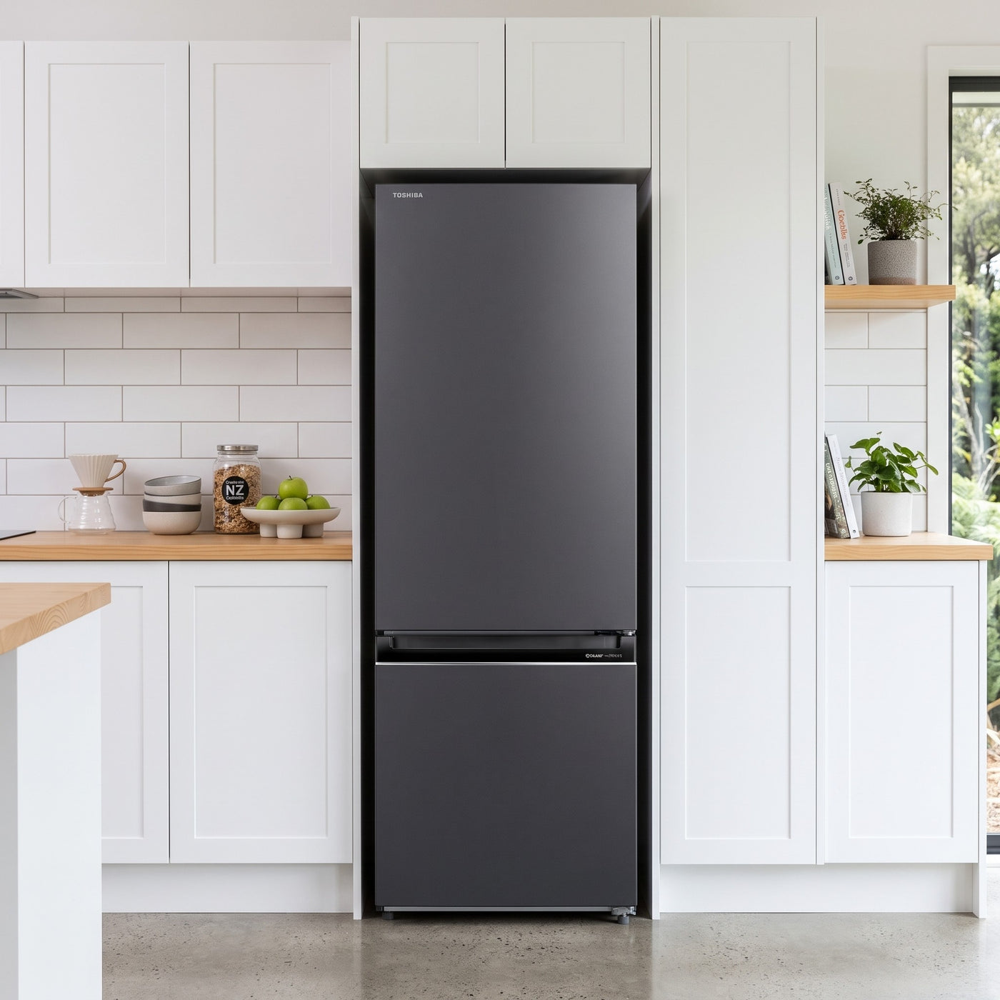 Toshiba 325L Bottom Mount fridge freezer Morandi grey lifestyle