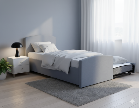 DriftEase Single Trundler Bed Frame Linen Grey + 2X Mattress