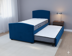 DriftEase Single Trundler Bed Frame Velvet Blue + 2X Mattress