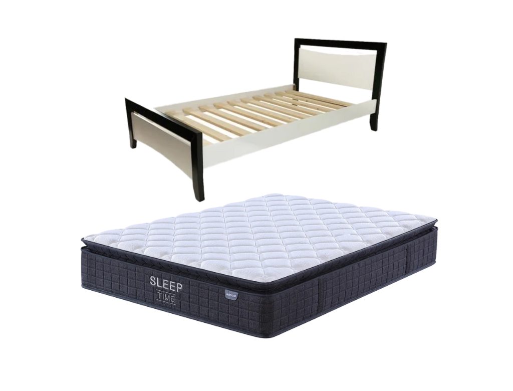 Maverick Bed Frame (Black/White) + SleepTime Medium Mattress Queen