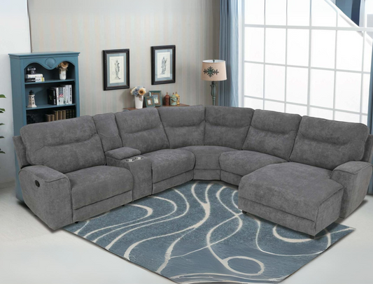 Plushy 6 Piece Corner Lounge Suite with Recliner Gun Metal Grey