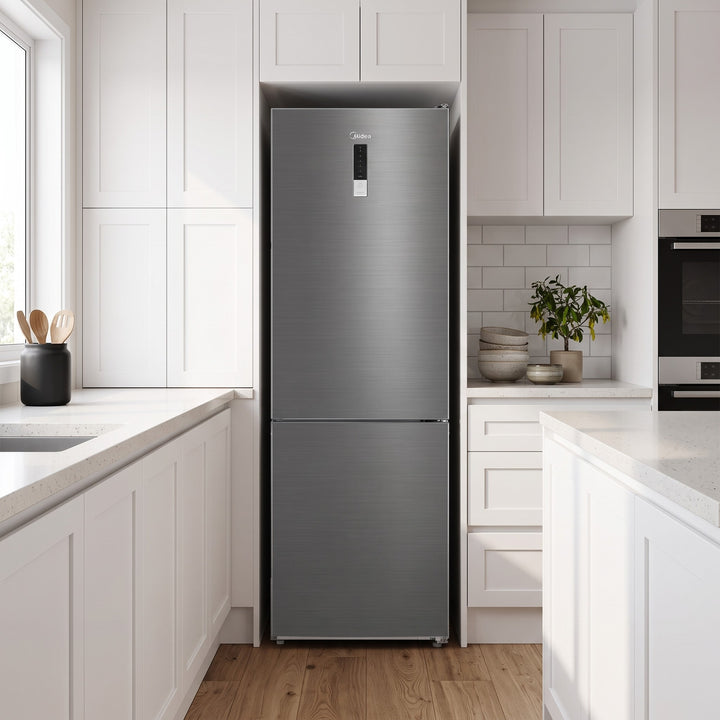 Midea 309L Bottom Mount Fridge Freezer Grey Stainless Steel lifestyle