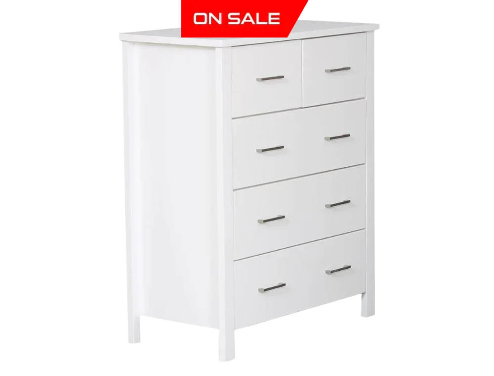 Bella 5 Drw Tallboy White Bedroom Furniture Sets