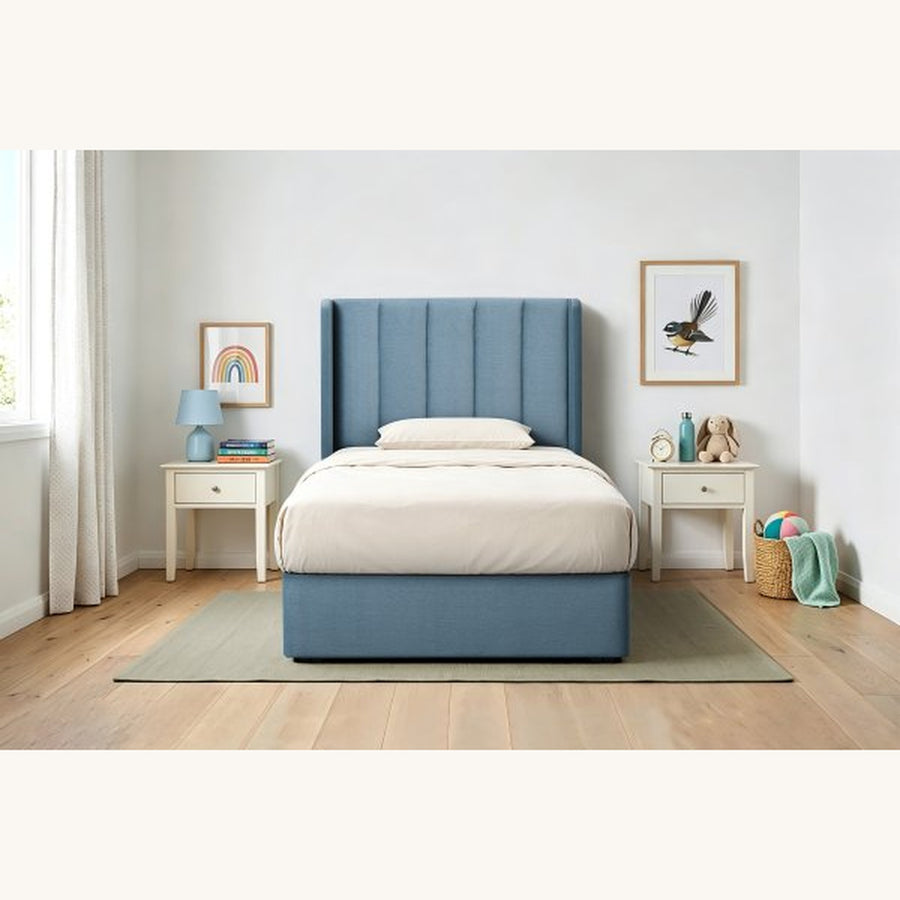 Theo Fully Upholstered Bed — King Single / Chambray Blue [Furntech SKU: PR241]