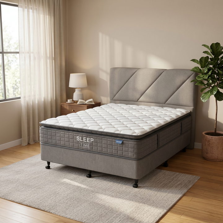 SleepTime Medium Mattress + NZ Made Duracast Hotel Bed Base with Casters - lifestyle