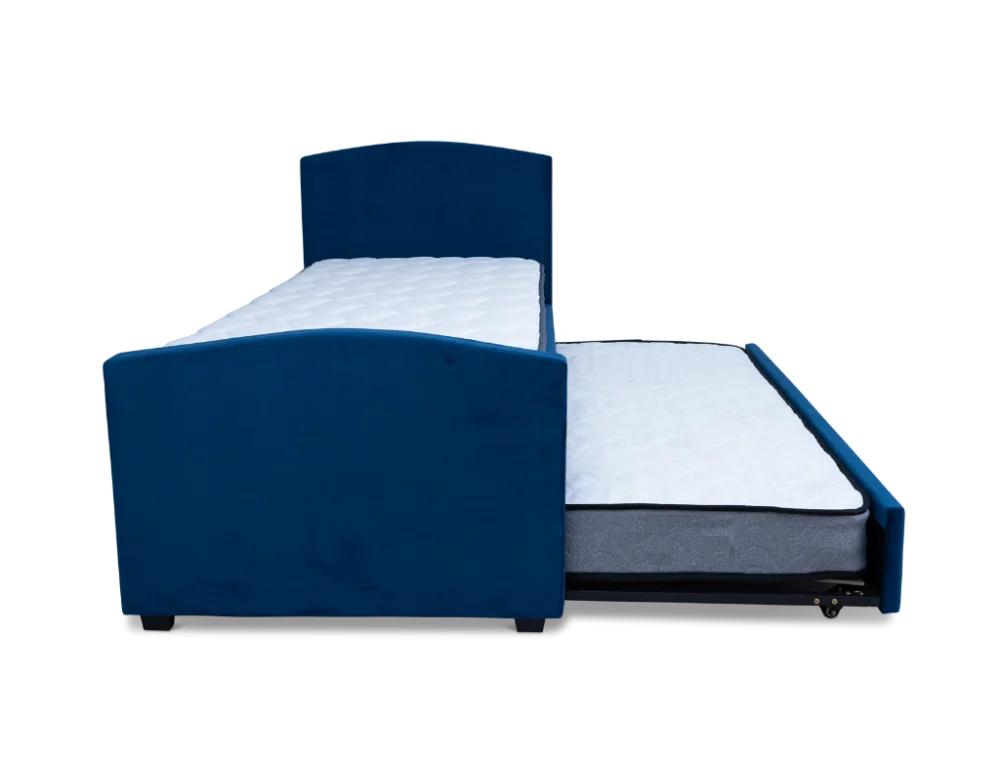 DriftEase Single Trundler Bed Frame Velvet Blue + 2X Mattress