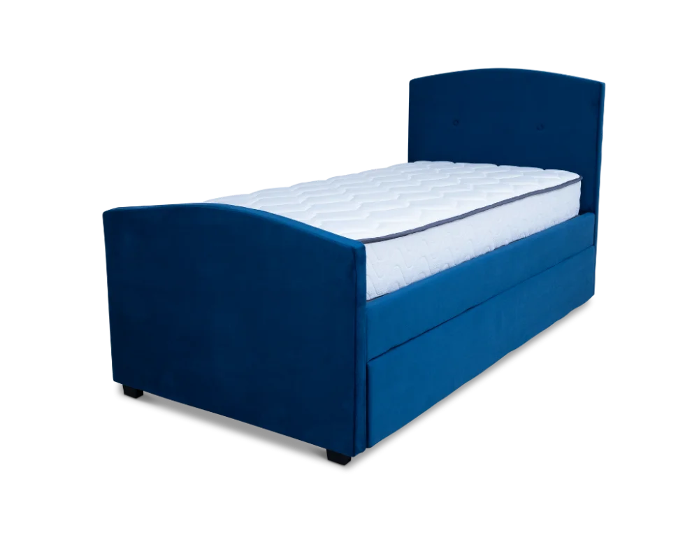 Driftease Single Trundler Bed Frame Velvet Blue + Sleeplite Pocket Spring Mattress + Sleeko Bonnel