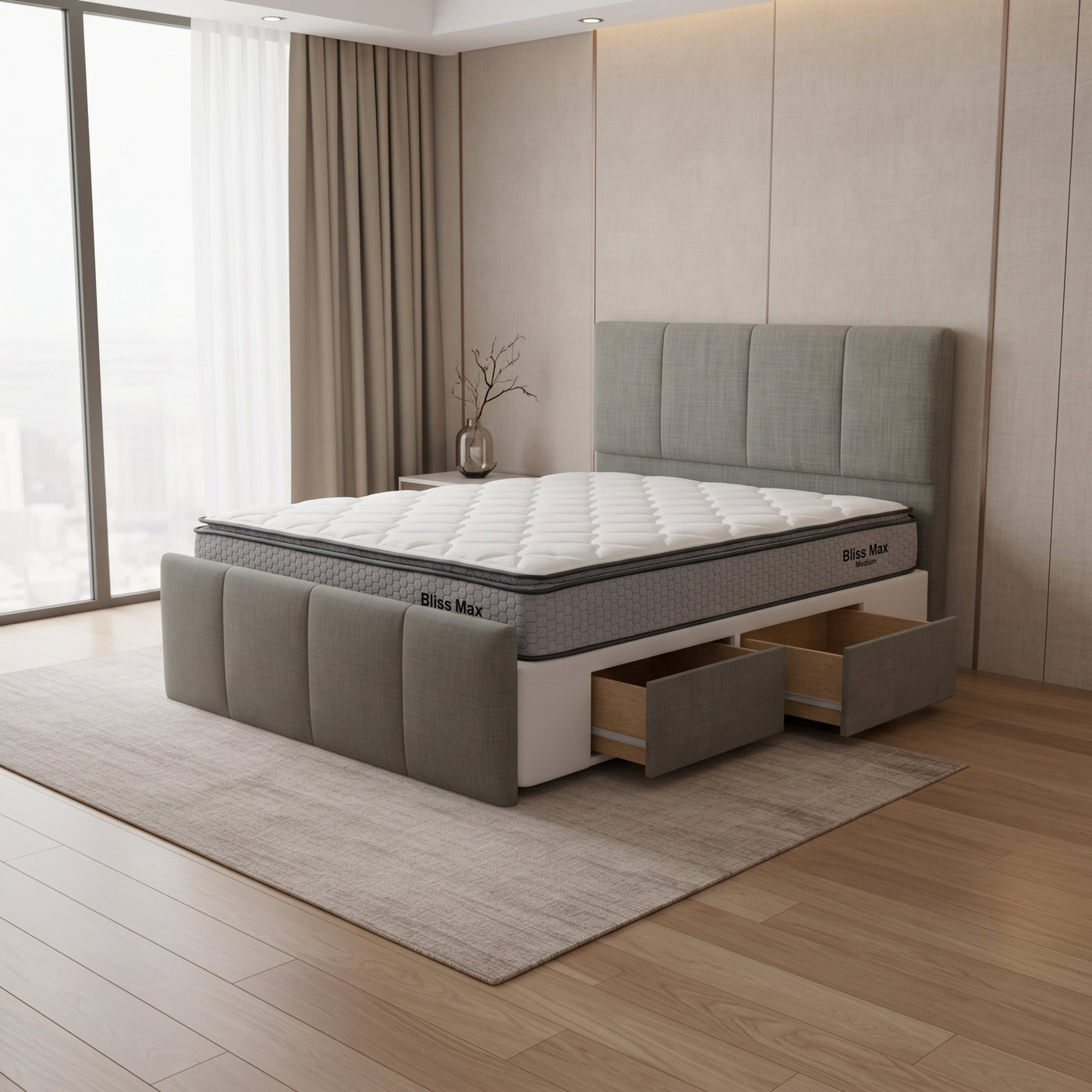 NZ Made Napbox Bed Frame With Drawers + Bliss Max Medium Mattress