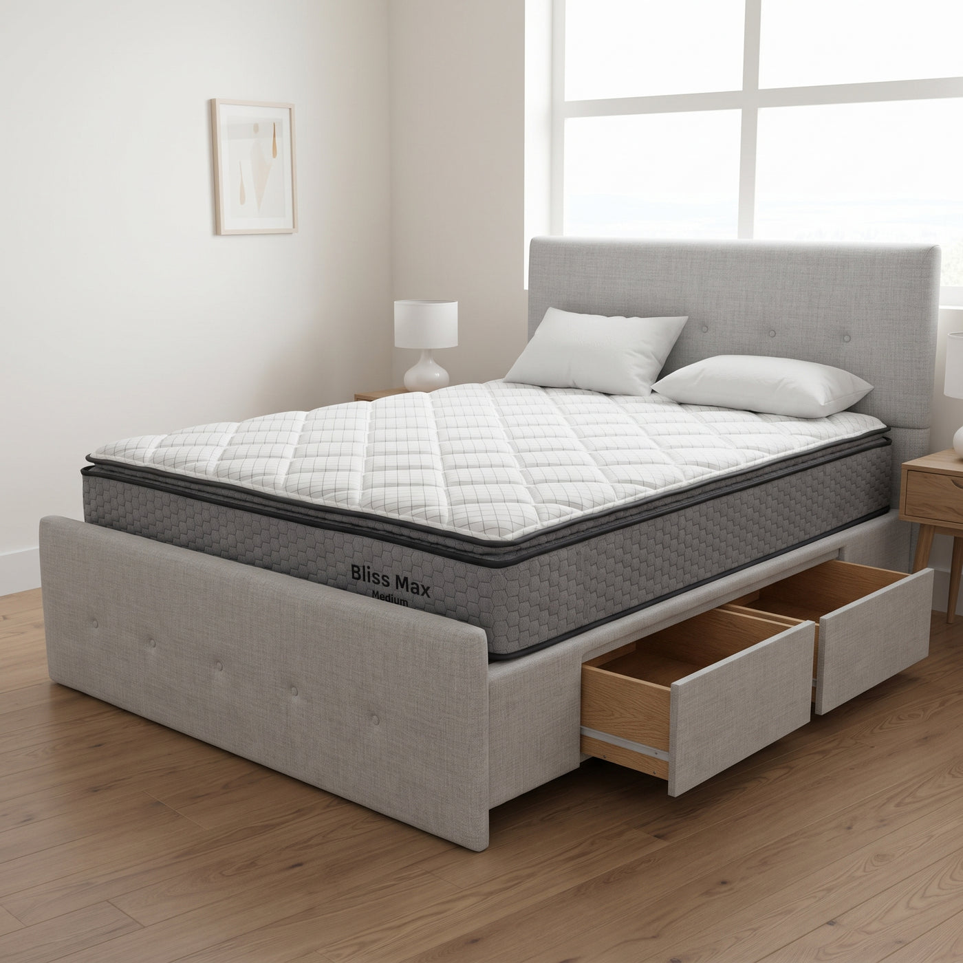NZ Made SleepVault Bed Frame With Drawers + Bliss Max Medium Mattress