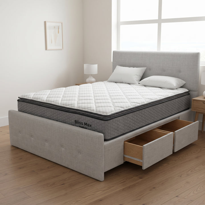 NZ Made SleepVault Bed Frame With Drawers + Bliss Max Medium Mattress