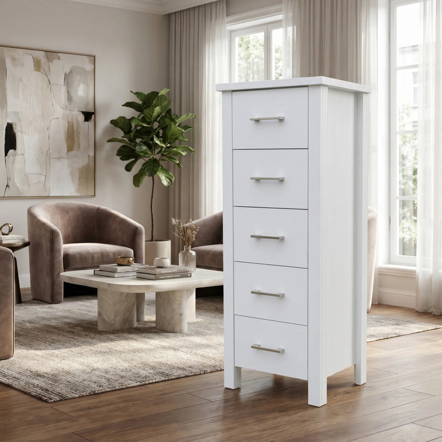Bella 5 Drw Slimboy White | Furniture World NZ