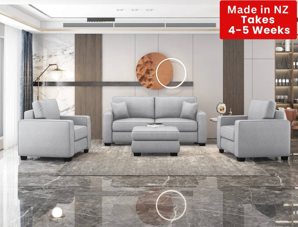 Kiwi Comfort Nz Made Lounge Suites –Burwood Mist Collection: Pre-Order 3 + 1 Seater Ottoman