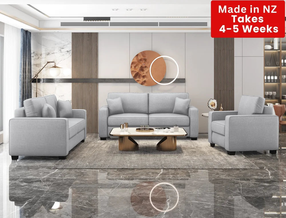 Kiwi Comfort Nz Made Lounge Suites –Burwood Mist Collection: Pre-Order 3 + 2 1 Seater