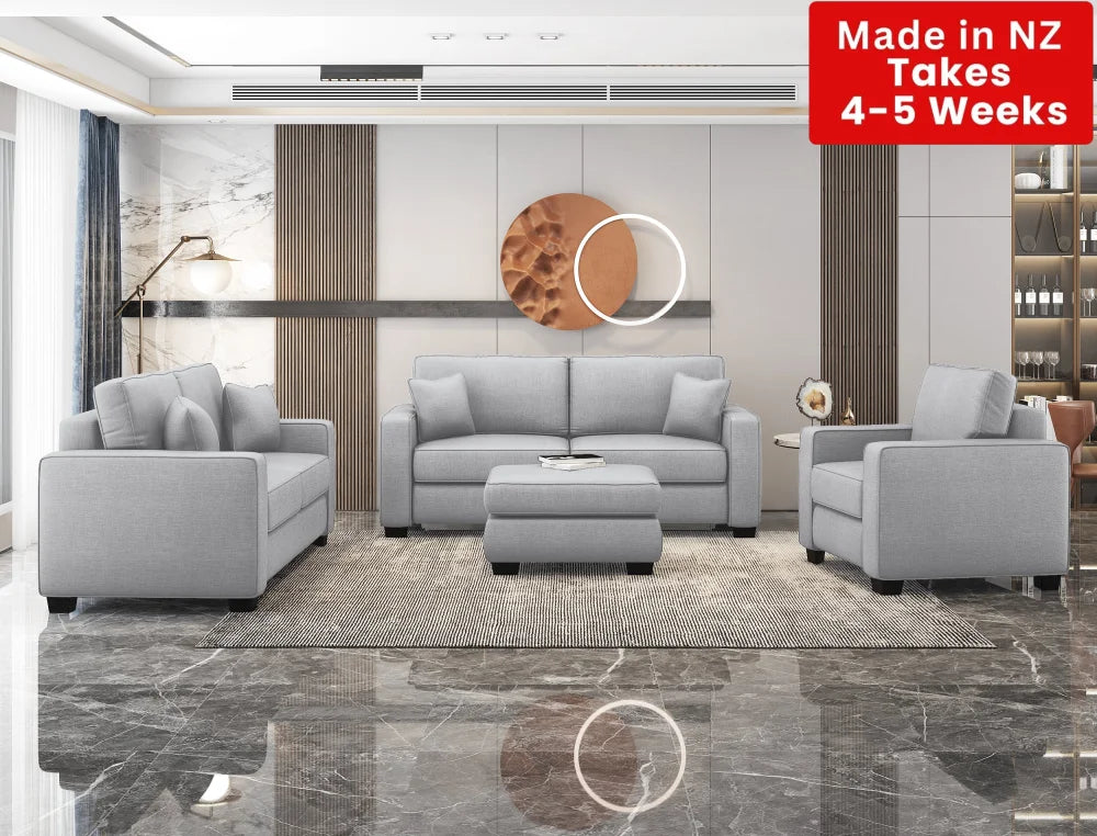 Kiwi Comfort Nz Made Lounge Suites –Burwood Mist Collection: Pre-Order 3 + 2 1 Seater Ottoman