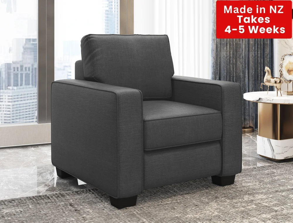 Kiwi Comfort Nz Made Lounge Suites – Burwood Pewter Collection: Pre-Order Sofa Chair