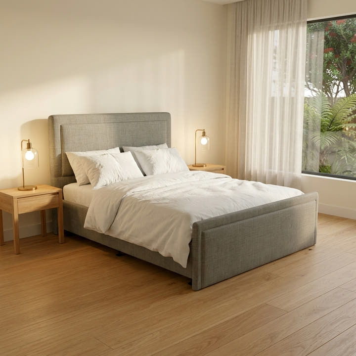Lifestyle render - NZ Made Amber Bed Frame + Venus Medium Mattress — Bed Bundle