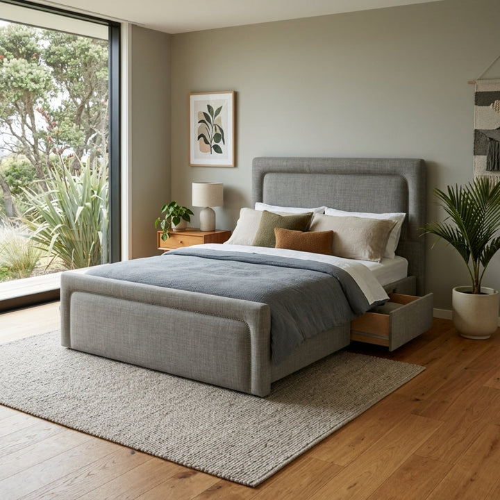 NZ Made Noir Bed Frame With Drawers + Venus Medium Mattress — Bed Bundle in room setting