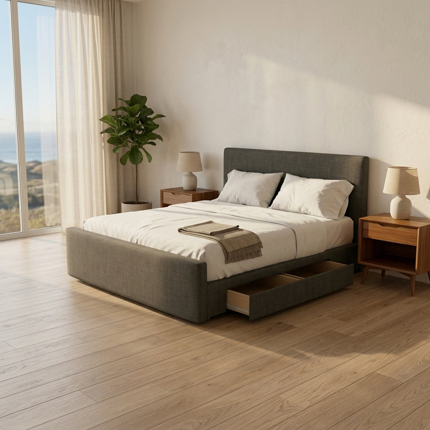 Lifestyle render - NZ Made Aura Plus Bed Frame With Drawers