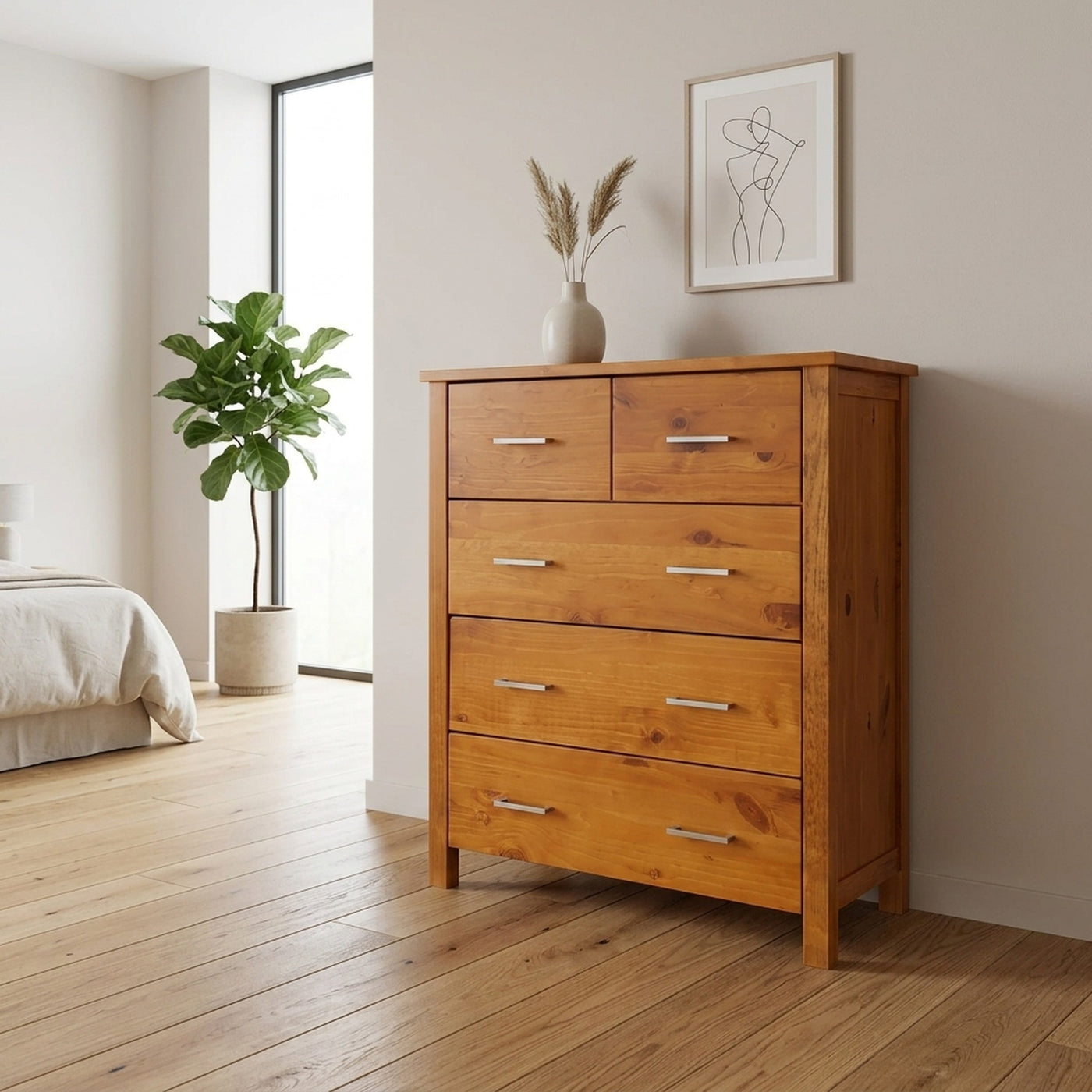 Bella 5 Drw Tallboy Honey | Furniture World NZ