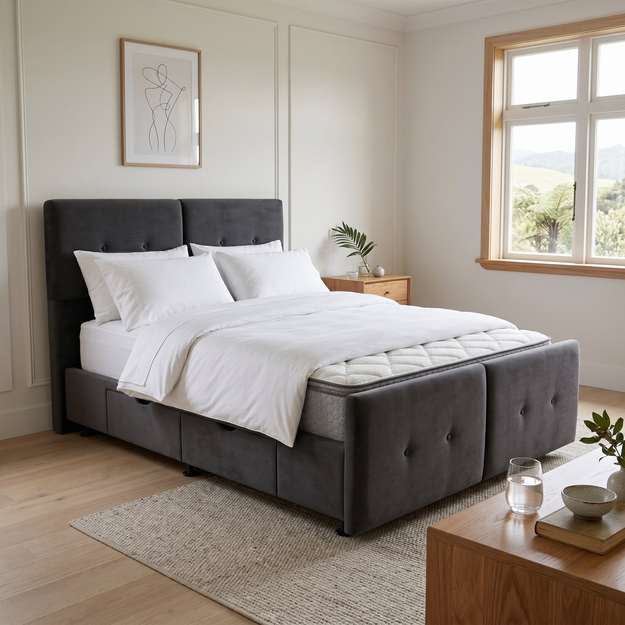 NZ Made Aero Bed Frame With Drawers + Bliss Max Medium Mattress | Furniture World NZ
