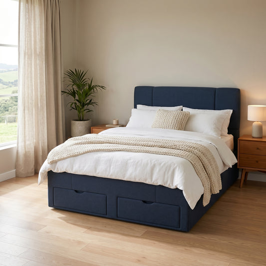 NZ Made Crest Bed Frame Double Navy Blue With Drawers - Floor Model