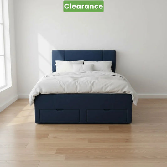 NZ Made Crest Bed Frame Double Navy Blue With Drawers - Floor Model