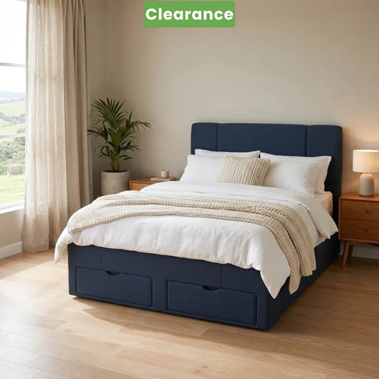 NZ Made Crest Bed Frame Double Navy Blue With Drawers - Floor Model - Bed Frames & Bases