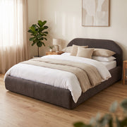 NZ Made Eclipse Queen Bed Frame in charcoal boucle, styled in a modern New Zealand bedroom