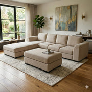 NZ Made Harbor 4 Seater with Chaise Corner Sofa-Ramsey Biscuit - Side View | Furniture World NZ