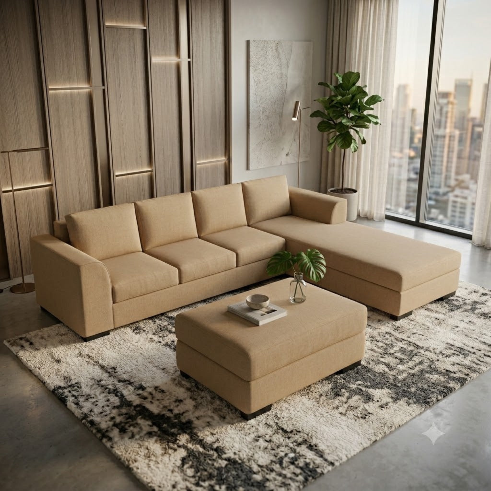 NZ Made Harbor 4 Seater with Chaise Corner Sofa-Ramsey Biscuit