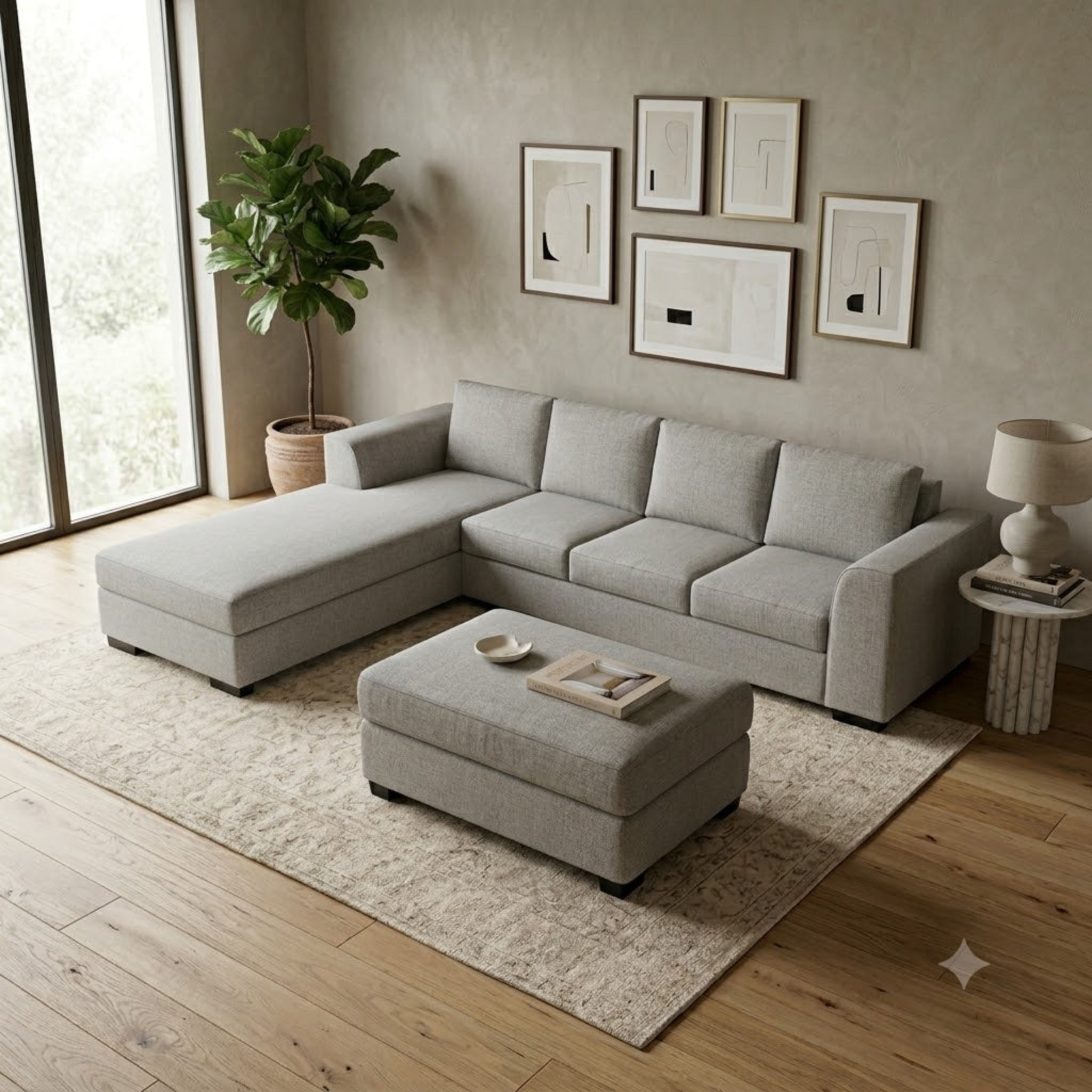 NZ Made Harbor 4 Seater with Chaise Corner Sofa-Ramsey Biscuit