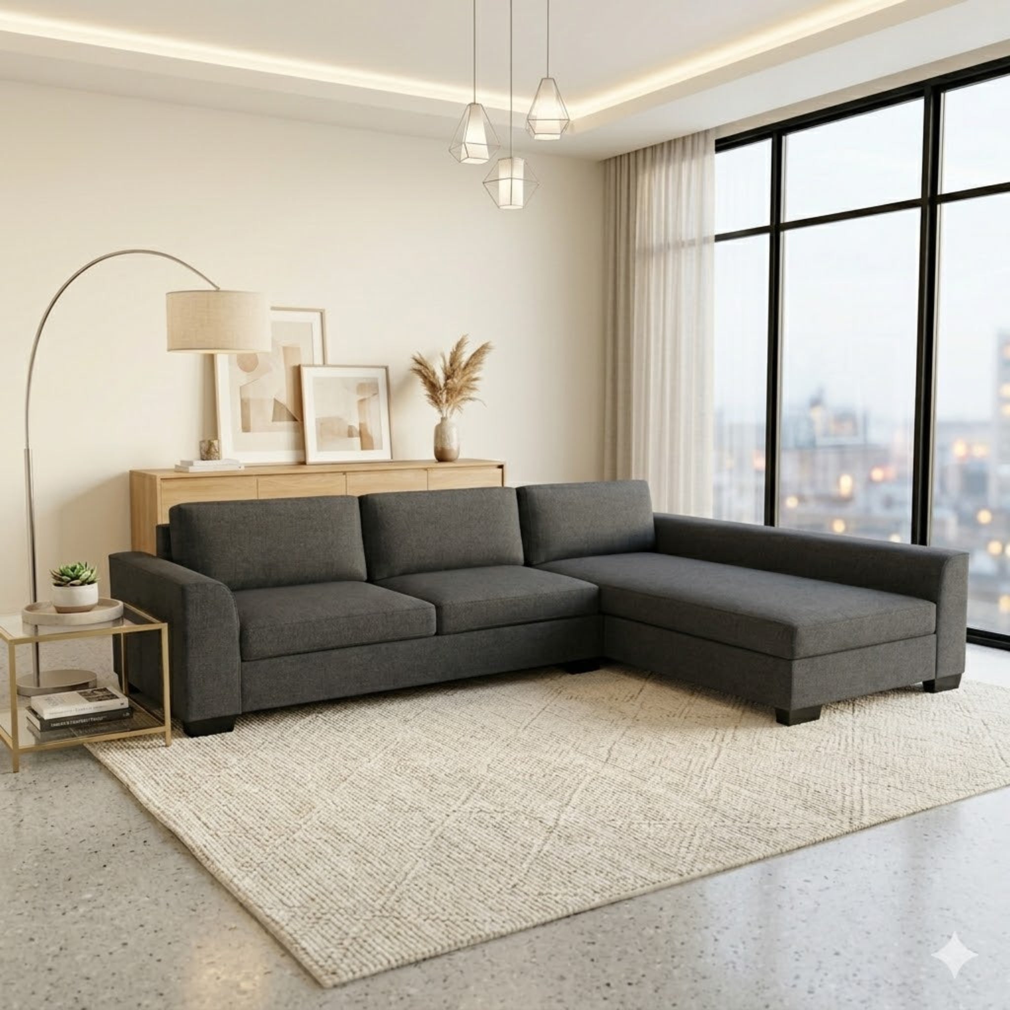 NZ Made Harbor Long-Arm with Chaise Corner Sofa-Ramsey Biscuit - Detail View | Furniture World NZ