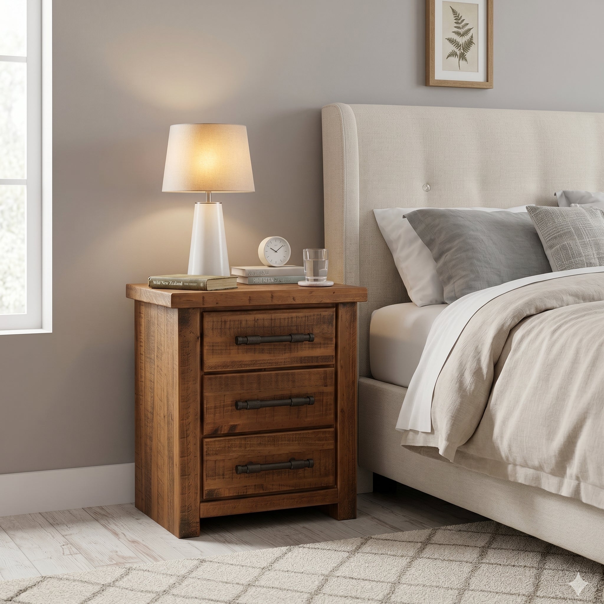 Oakwood 3 Drw Bedside | Furniture World NZ