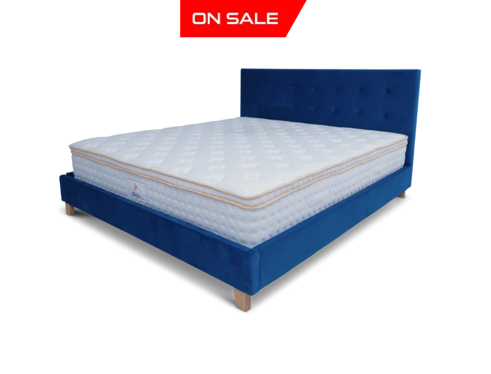 Prestige Bed Frame Velvet Navy Blue + Bliss Euro Top Pocket Spring Mattress