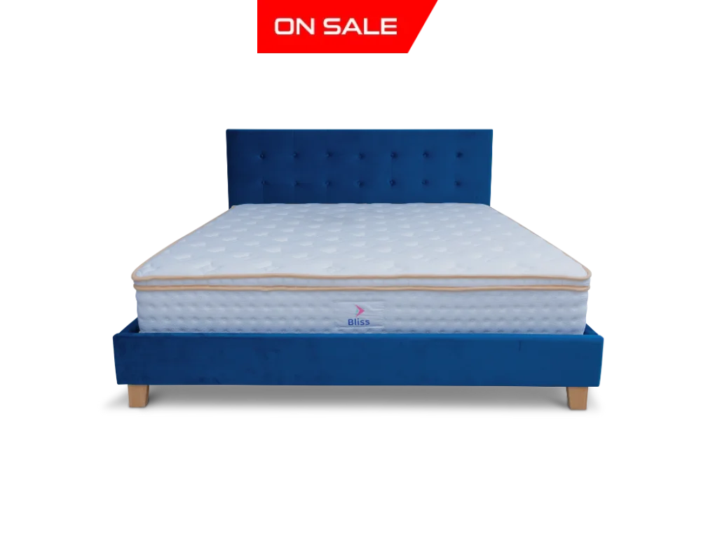 Prestige Bed Frame Velvet Navy Blue + Bliss Euro Top Pocket Spring Mattress